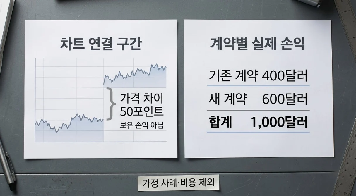 해외선물 롤오버 가정 사례에서 월물 간 가격 공백 50포인트와 계약별 실제 손익 1,000달러를 구분한 자료
