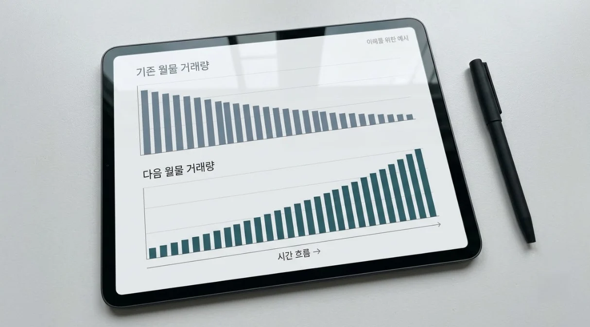 해외선물 롤오버 시기에 기존 월물 거래량이 줄고 다음 월물 거래량이 늘어나는 예시 그래프