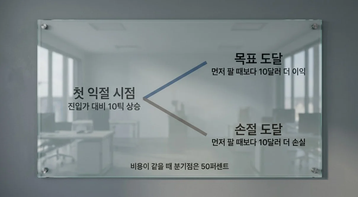 해외선물 분할청산에서 첫 익절 후 추가 보유 결과와 분기점을 설명한 갈림길 도식