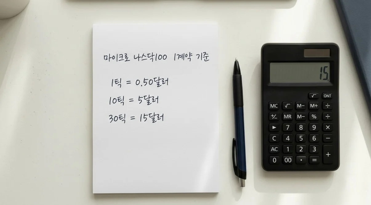 해외선물 분할청산 계산을 위해 틱가치를 달러로 환산한 메모와 계산기