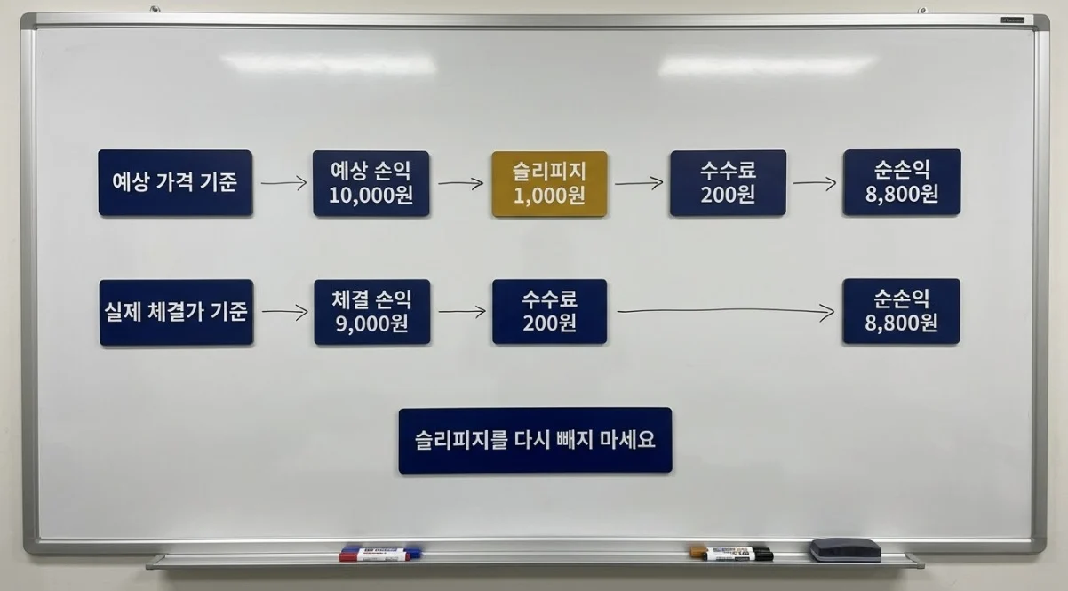 해외선물대여계좌 예상 가격과 실제 체결가 기준의 순손익 계산 및 슬리피지 중복 차감 방지