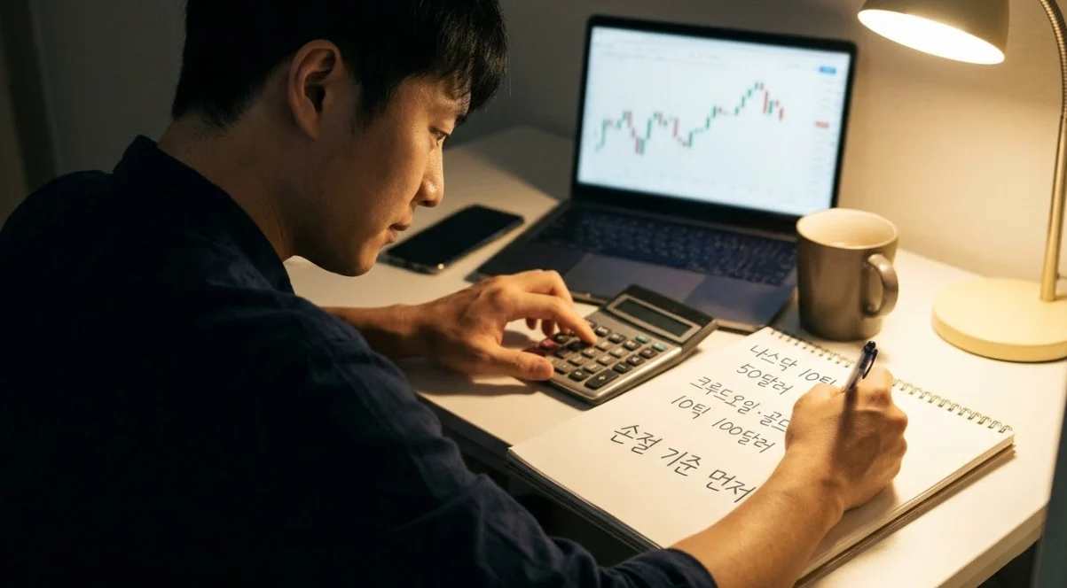 해외선물대여업체 이용 전 나스닥과 크루드오일·골드의 틱가치를 계산하는 한국인 남성 트레이더