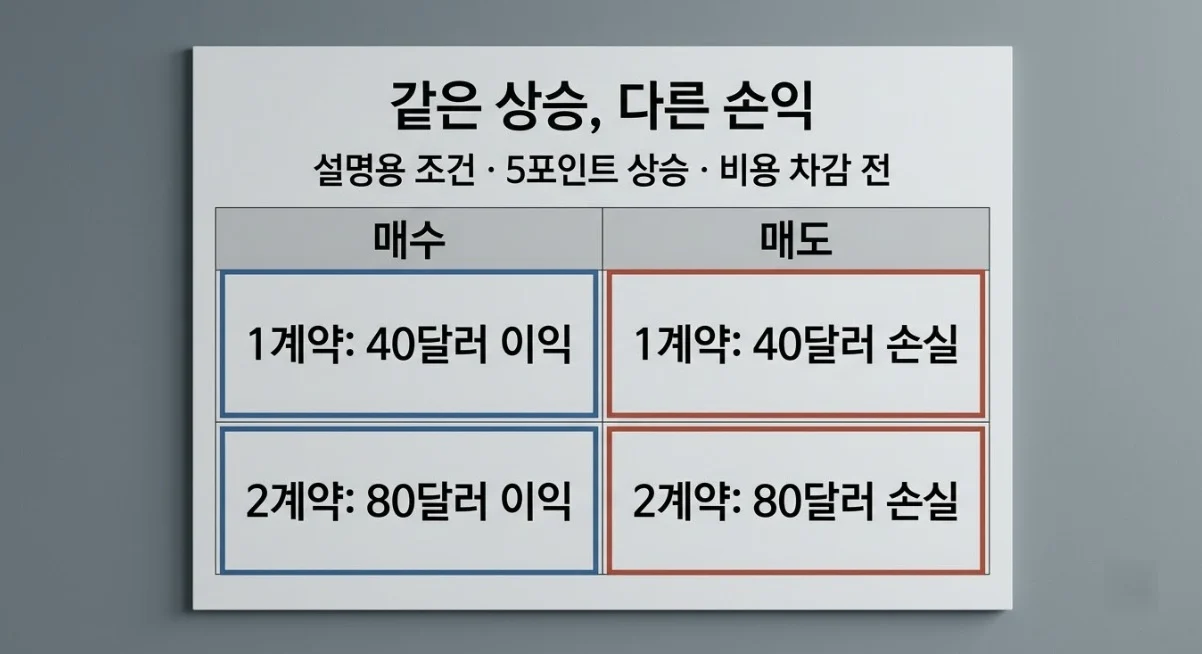 해외선물 틱가치 계산에서 매수·매도 방향과 계약 수에 따라 달라지는 이익과 손실
