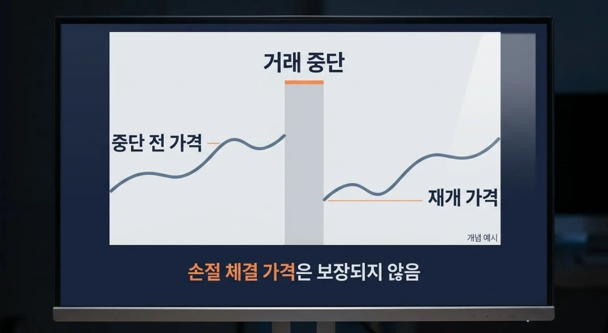 해외선물대여계좌 오버나잇 중 거래 중단 전후의 가격 갭과 손절 체결 위험을 보여주는 모니터