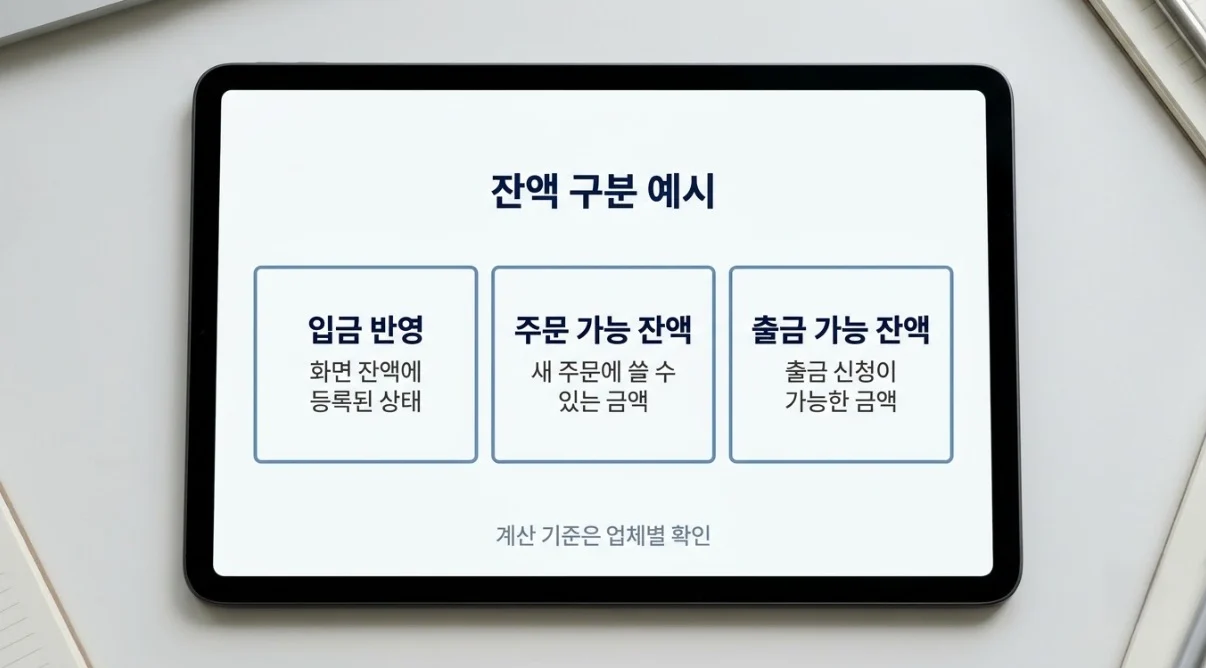 해외선물대여계좌업체 이용 시 입금 반영과 주문 가능 잔액, 출금 가능 잔액을 비교한 화면