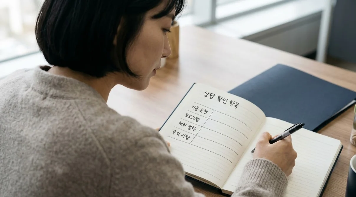 해외선물대여계좌업체 상담에서 계좌 유형과 입출금 조건을 노트에 기록하는 한국인 여성