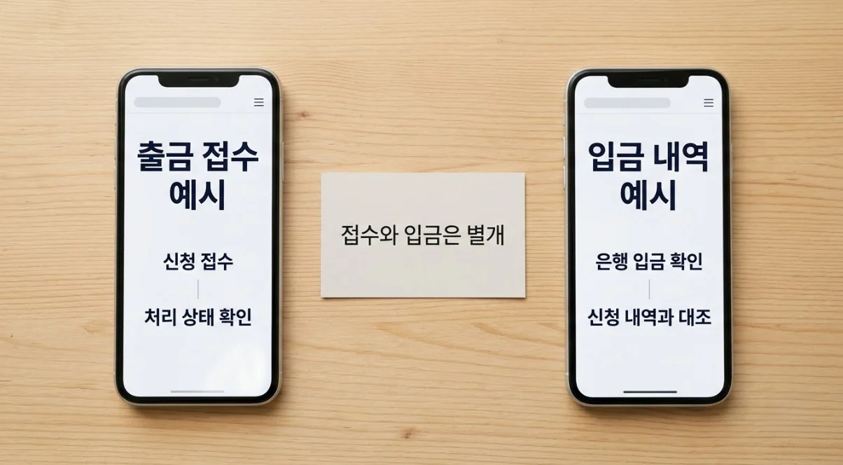 해외선물대여계좌업체 출금 신청 접수와 실제 은행 입금 내역을 따로 확인하는 예시